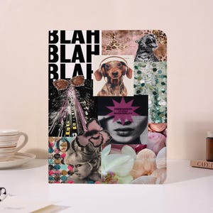 May include: A rectangular tablet case featuring a collage design with the text BLAH BLAH BLAH, a dachshund wearing headphones, a leopard, a city street at night, a human face with a pink star, a flower, and a portrait of a woman with blonde hair.