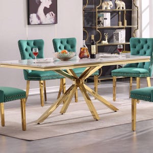 White Marble Effect Dining Table: Mirrored Stainless Steel X-shaped Legs, 70" x 35" Modern Luxury Wood Kitchen Dining Room Furniture