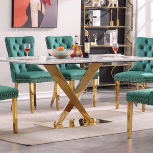 White Marble Effect Dining Table: Mirrored Stainless Steel X-shaped Base, 70" x 35" Modern Luxury Wood Kitchen Dining Room Furniture