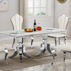 White Marble Effect Dining Table: Mirrored Stainless Steel American Style Legs, 70" x 35" Silver Modern Wood Kitchen Dining Room Furniture