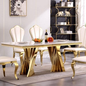 White Marble Effect Dining Table: Mirrored Stainless Steel Lightning-shaped Base, 70" x 35" Modern Luxury Wood Kitchen Dining Room Furniture