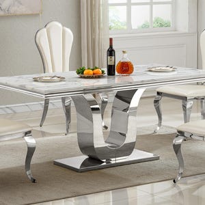 White Marble Effect Dining Table: Mirrored Stainless Steel U-shaped Base, 70" x 35" Silver Modern Wood Kitchen Dining Room Furniture