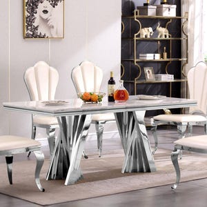 White Marble Effect Dining Table: Mirrored Stainless Steel Lightning-shaped Base, 70" x 35" Silver Modern Wood Kitchen Dining Room Furniture
