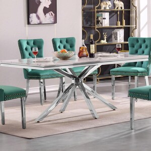 White Marble Effect Dining Table: Mirrored Stainless Steel X-shaped Legs, 70" x 35" Silver Modern Wood Kitchen Dining Room Furniture