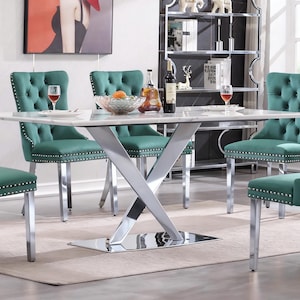 White Marble Effect Dining Table: Mirrored Stainless Steel X-shaped Base, 70" x 35" Silver Modern Wood Kitchen Dining Room Furniture