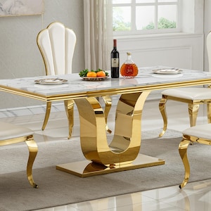 White Marble Effect Dining Table: Mirrored Stainless Steel U-shaped Base, 70" x 35" Modern Luxury Wood Kitchen Dining Room Furniture