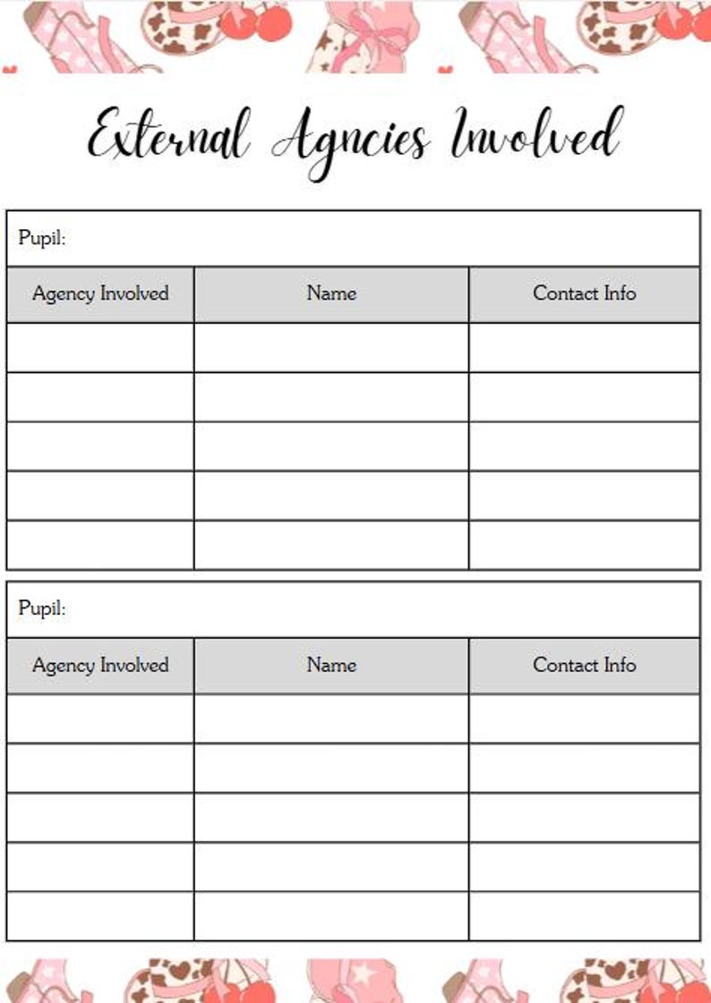 K&ouml;nnte beinhalten: Eine wei&szlig;e, bedruckbare Planerseite mit dem Titel "External Agncies Involved" in einer dekorativen Schriftart. Die Seite enth&auml;lt Tabellen zur Erfassung von Agenturinformationen mit dekorativen Elementen oben und unten.
