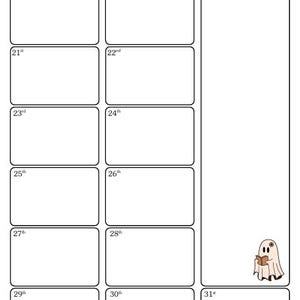 K&ouml;nnte beinhalten: Eine wei&szlig;-rosa Oktober-Kalenderseite mit einer Geisterillustration. Der Kalender hat rechteckige K&auml;stchen f&uuml;r jeden Tag, mit dem Monatsnamen oben. Das Wort "Notizen" steht &uuml;ber einem gro&szlig;en rechteckigen K&auml;stchen.