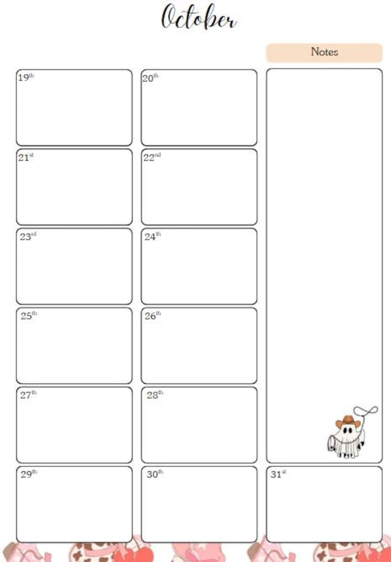 K&ouml;nnte beinhalten: Eine wei&szlig;e und rosa Oktober-Kalenderseite mit rechteckigen Datumsfeldern und einem Notizbereich. Das Wort "Oktober" ist oben in Schreibschrift geschrieben. Ein Cartoon-Geist mit Cowboyhut befindet sich in der unteren rechten Ecke.