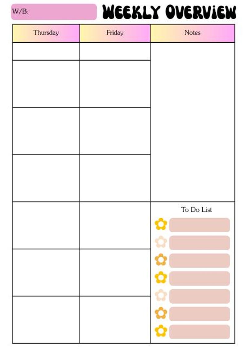 K&ouml;nnte beinhalten: Ein Wochenplaner in Rosa und Gelb. Oben steht in schwarzen Buchstaben "WEEKLY OVERVIEW". Der Planer enth&auml;lt Abschnitte f&uuml;r Donnerstag, Freitag und Notizen sowie einen Abschnitt "To Do List" mit Blumen.