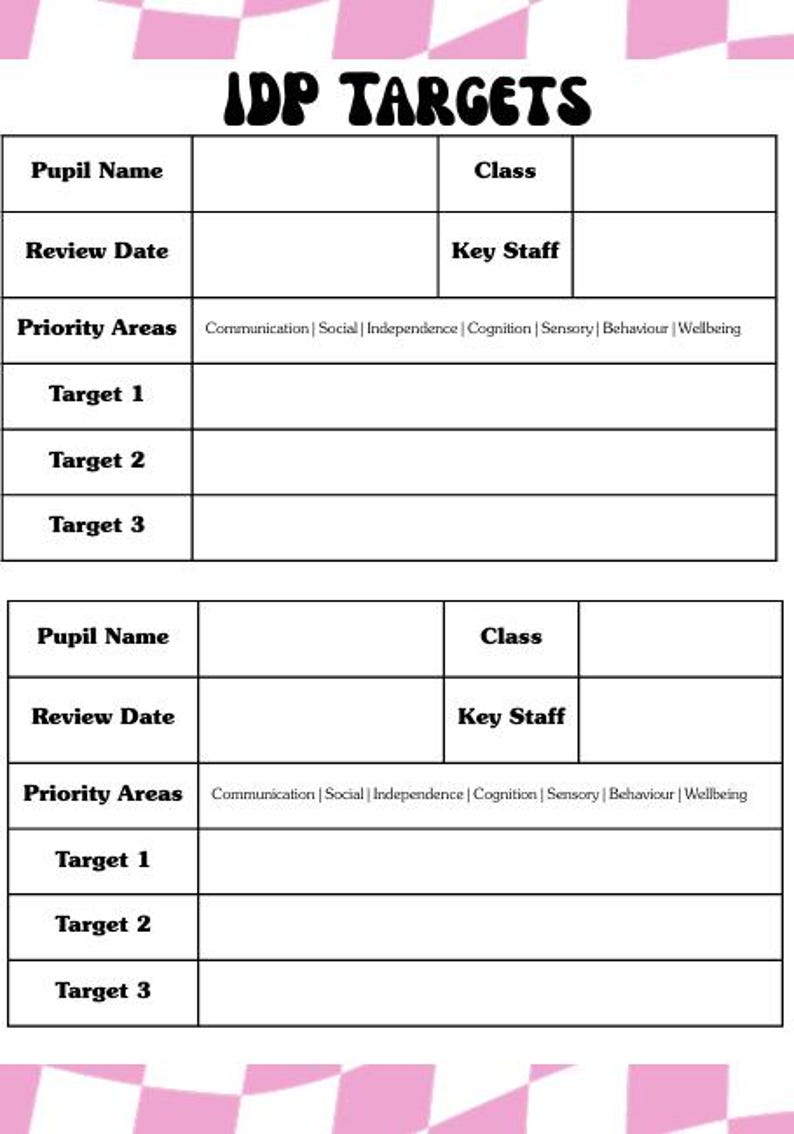 K&ouml;nnte beinhalten: Eine schwarz-wei&szlig;e Tabelle mit der &Uuml;berschrift "IDP TARGETS". Sie enth&auml;lt Abschnitte f&uuml;r Sch&uuml;lername, &Uuml;berpr&uuml;fungsdatum und Ziele. Die Tabelle enth&auml;lt eine Liste von Priorit&auml;tsbereichen. Oben und unten befindet sich ein rosa-wei&szlig;es Schachbrettmuster.