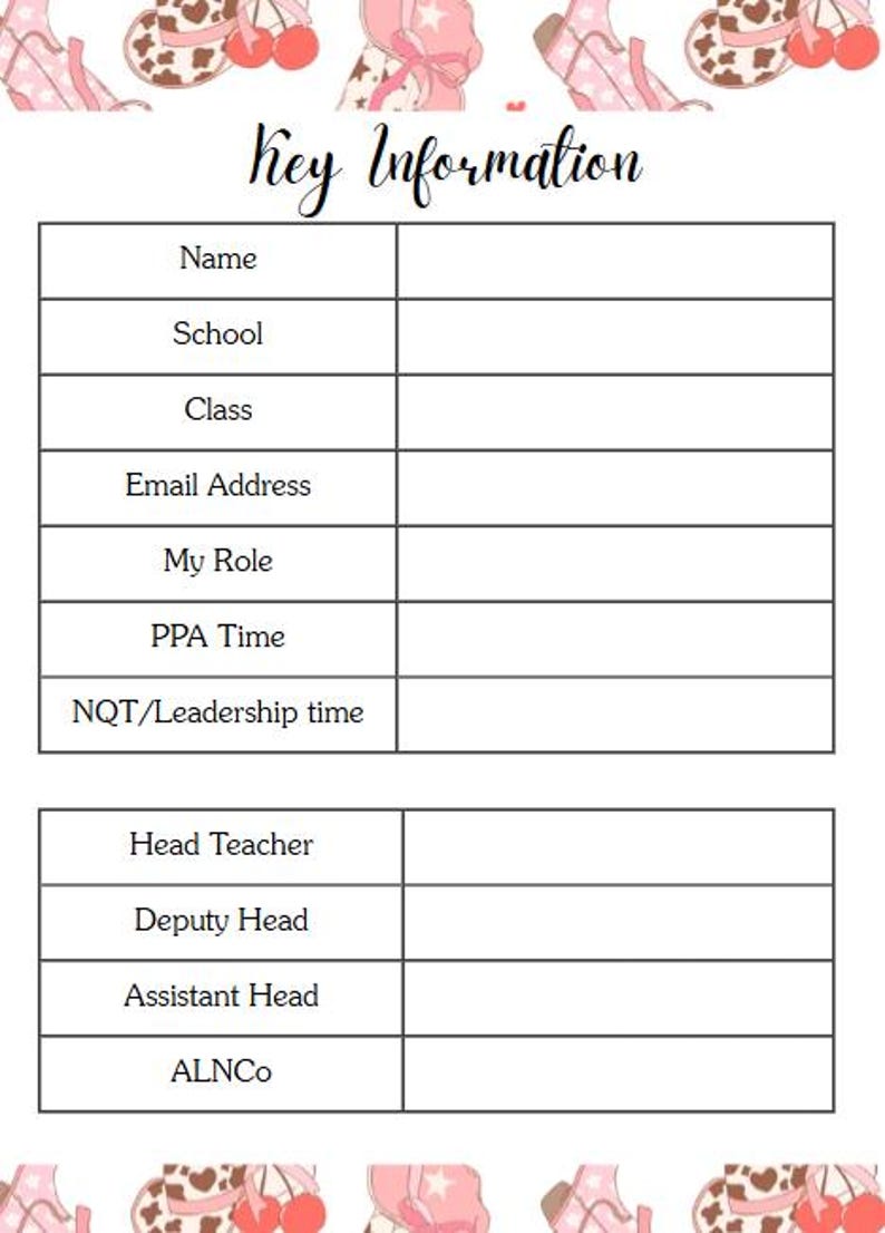 K&ouml;nnte beinhalten: Ein ausdruckbares Arbeitsblatt mit dem Titel "Key Information". Es enth&auml;lt Felder f&uuml;r Name, Schule, Klasse, E-Mail und Rolle. Dekorative Elemente wie rosa Cowboystiefel und Kirschen zieren das Design. Ideal f&uuml;r die Organisation.
