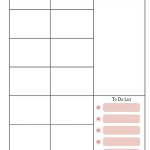 K&ouml;nnte beinhalten: Ein wei&szlig;er Wochenplaner mit Rasterlayout zur Planung. Der obere Abschnitt enth&auml;lt &Uuml;berschriften f&uuml;r Tage und Notizen. Auf der rechten Seite befindet sich ein Abschnitt &bdquo;To Do List&ldquo; mit floralen Akzenten. Der Titel &bdquo;Weekly Overview&ldquo; ist kursiv geschrieben.