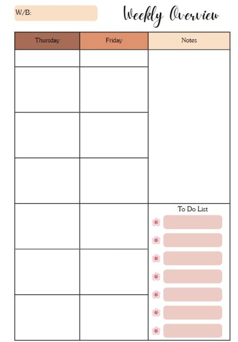 K&ouml;nnte beinhalten: Ein wei&szlig;er Wochenplaner mit Rasterlayout zur Planung. Der obere Abschnitt enth&auml;lt &Uuml;berschriften f&uuml;r Tage und Notizen. Auf der rechten Seite befindet sich ein Abschnitt &bdquo;To Do List&ldquo; mit floralen Akzenten. Der Titel &bdquo;Weekly Overview&ldquo; ist kursiv geschrieben.