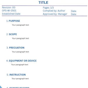 May include: A document template with a blue gradient header and footer. The title is centered, with sections for purpose, scope, and instructions. The document includes a company logo and name, revision details, and page numbers.