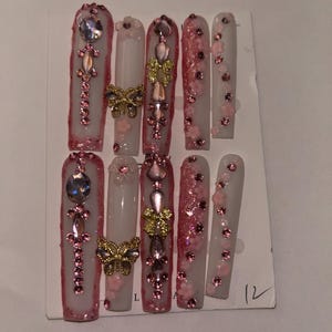 Pink rhinestone press on nails