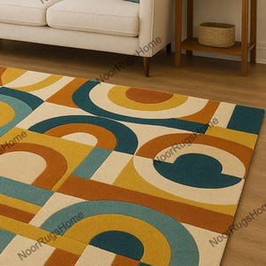 8x10 Geometric Modern Rug for Living Room in Teal Mustard Rust, Retro ...