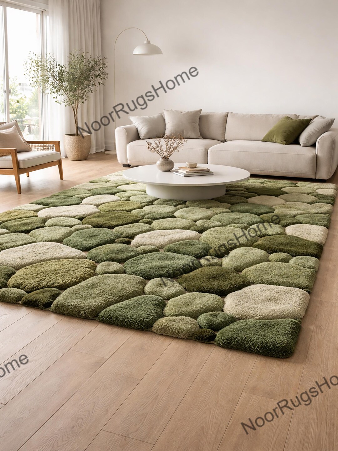 Hand Tufted Wool Area Rug: Green Beige Abstract Pebble Design - Etsy