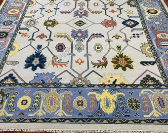 9x12 Oushak Rug – Hand-Knotted Turkish Wool Area Rug – Vintage Blue Floral Oriental Carpet – Ivory Living Room Rug – 8x10 10x14 12x15