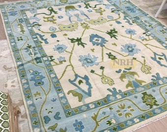 Pastel Oushak Rug, Hand Knotted Wool Area Rug, Blue Green Turkish Rug, Vintage Cottage Farmhouse Decor Personalised Gifts
