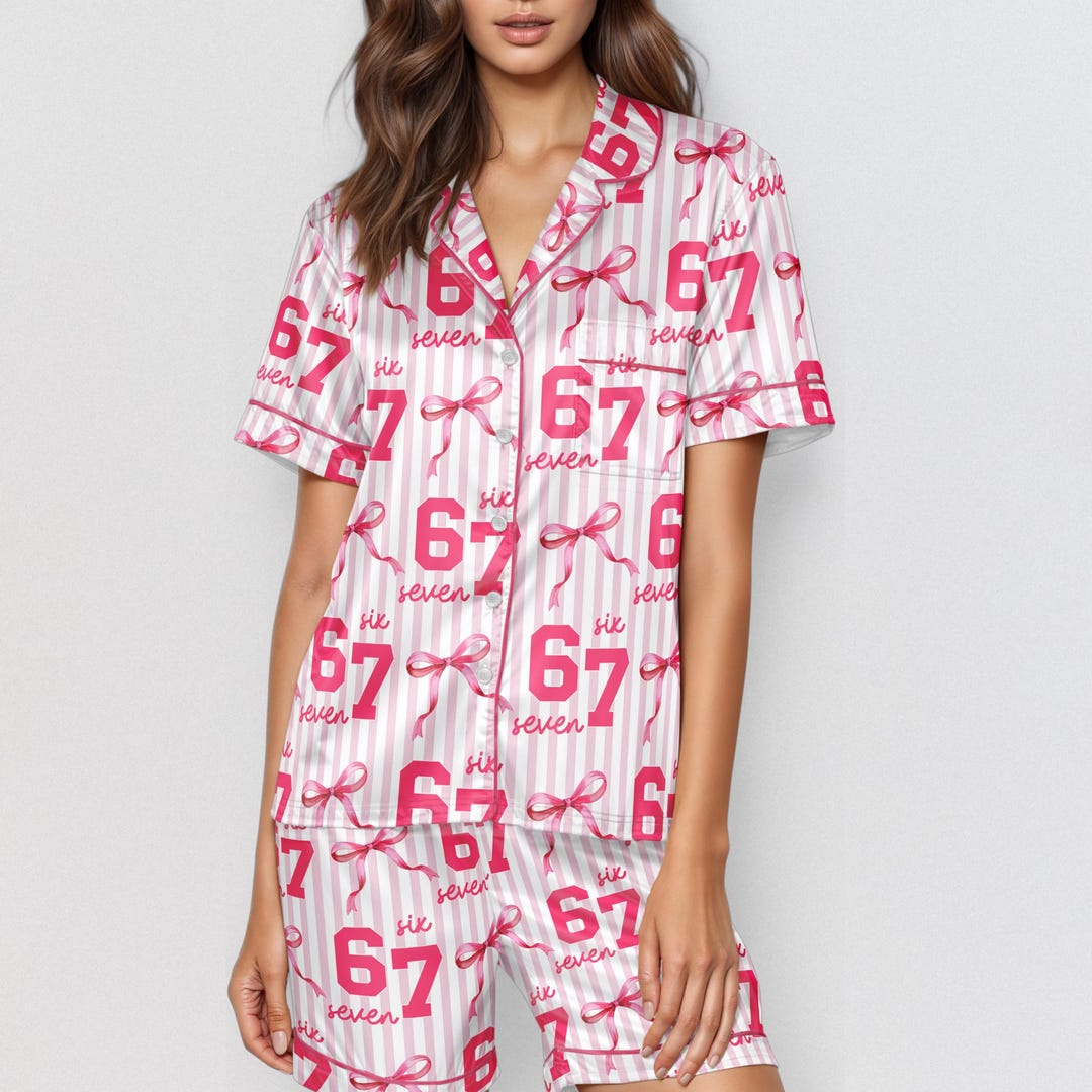67 Meme Pajamas Set for Women | Pink Bow Six Seven Pajama Set | Funny ...