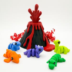 3D Printed Dinosaur Travel Playset with Volcano – Montessori Toy Set, Pretend Play Dinos (T-Rex, Triceratops, Stegosaurus) Gift for Kids