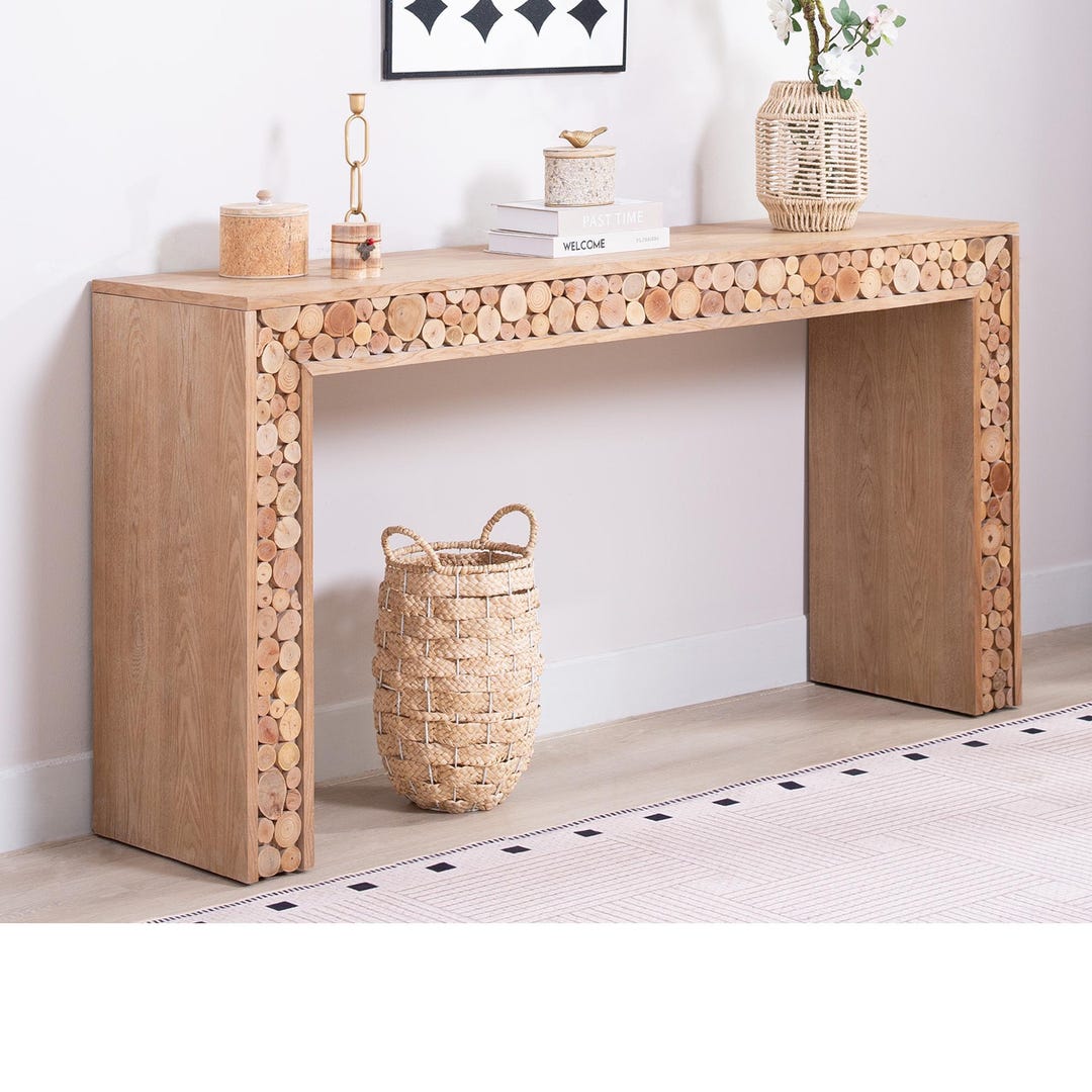 Solid Wood Console Table With Wood Slice Trim: 62" Moden Console Table ...