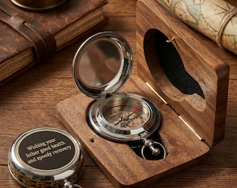 2 inch Handmade Personalized Brass Chrome finish Compass with Wooden Box – Engraved Keepsake Gift
