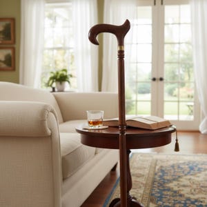 Op de afbeelding: Een donkerbruine houten wandelstok met een gebogen handvat en messing accenten staat naast een kleine ronde tafel. Op de tafel staan een glas amberkleurige vloeistof en een open boek. De wandelstok is ongeveer 91 cm hoog.