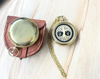 Brass Compass with Personalized Wooden Box | Tree of Life Pocket Compass| Vintage Nautical Gift