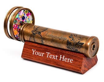 Handmade Brass Kaleidoscope with Floral Engraving and Wooden Display Stand