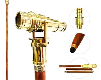 Vintage Nautical Telescope Walking Stick – Brass Spyglass Cane, Antique Wooden Nautical Decor