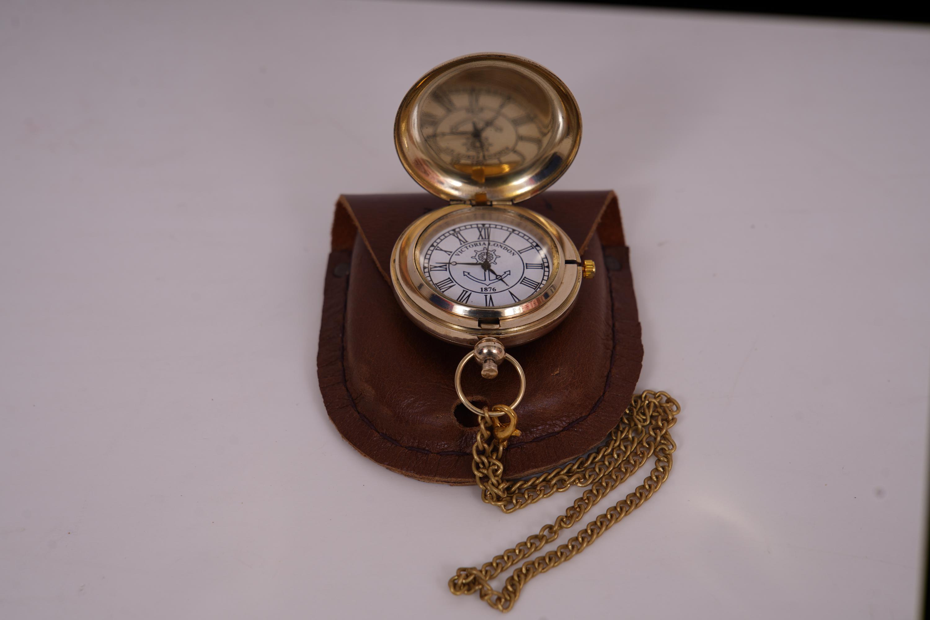 2 Inch Brass Pocket Watch With Leather Box – Vintage Antique Style ...