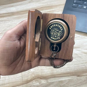 Personalized Brass 2 inch Compass in Wooden Gift Box Nautical Keepsake Adventure Pocket Gift