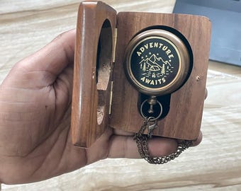 Personalized Brass 2 inch Compass in Wooden Gift Box Nautical Keepsake Adventure Pocket Gift