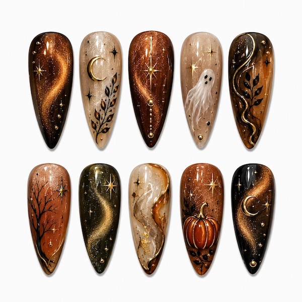 Handgefertigte herbstliche Hexen-Katzenaugen-Nägel, himmlisches Kürbis-Herbstset