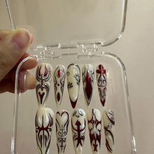 Gothic Vampire Press On Nails: Red Black White Tribal Nail Art