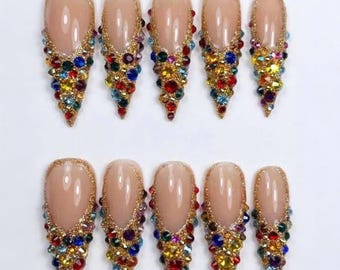 Jeweled Stiletto Press On Nails: Gold Edges, Crystal Clusters