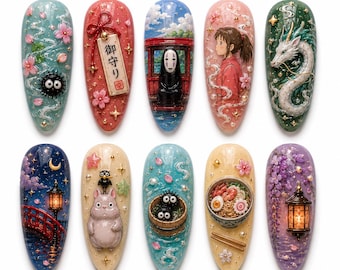 May include: A set of ten almond-shaped press-on nails featuring intricate 3D designs inspired by Studio Ghibli films. The collection includes detailed motifs like soot sprites, No-Face, Haku, Totoro, ramen bowls, lanterns, and cherry blossoms.