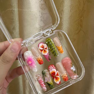 3D Hibiscus Press On Nails: Tropical Flower Hand-Painted Nail Art