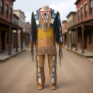 Puede incluir: Un atuendo de estilo nativo americano que presenta una camisa de manga larga y pantalones. La camisa tiene un canesú con cuentas rojas, blancas y azules con flecos. El atuendo es de color canela, marrón y negro con flecos y detalles de cuentas.