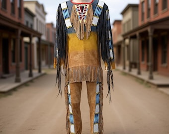 Plains Indian Style Suede War Shirt & Pants | Handmade Beaded Fringe Regalia | Powwow Dance Outfit