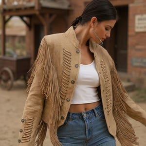 Handmade Suede Leather Fringe Jacket with Beads, Western Wear Bohemian Suede Jacket, Cowgirl Leather Fringe Jacket, Boho Style Outfit