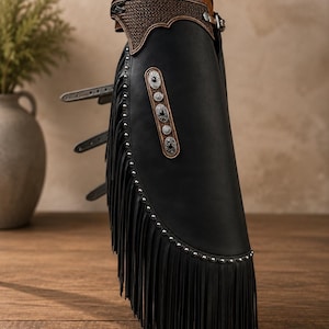 Mens Leather Motorcycle Chaps Black Fringe Chaps Western Cowboy Riding Chaps Biker Leather Chaps Rodeo Gear | Vintage Western Club