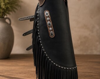 Mens Leather Motorcycle Chaps Black Fringe Chaps Western Cowboy Riding Chaps Biker Leather Chaps Rodeo Gear | Vintage Western Club