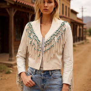 Handmade Suede Leather Fringe Jacket with Beads, Western Wear Bohemian Suede Jacket, Cowgirl Leather Fringe Jacket, Boho Style Outfit