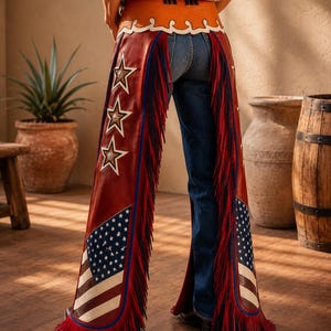 American Flag Leather Chaps | Rodeo Chaps | Western Leather Chaps | Cowboy Chaps | USA Flag Riding Chaps | Fringe Rodeo Gear image 2