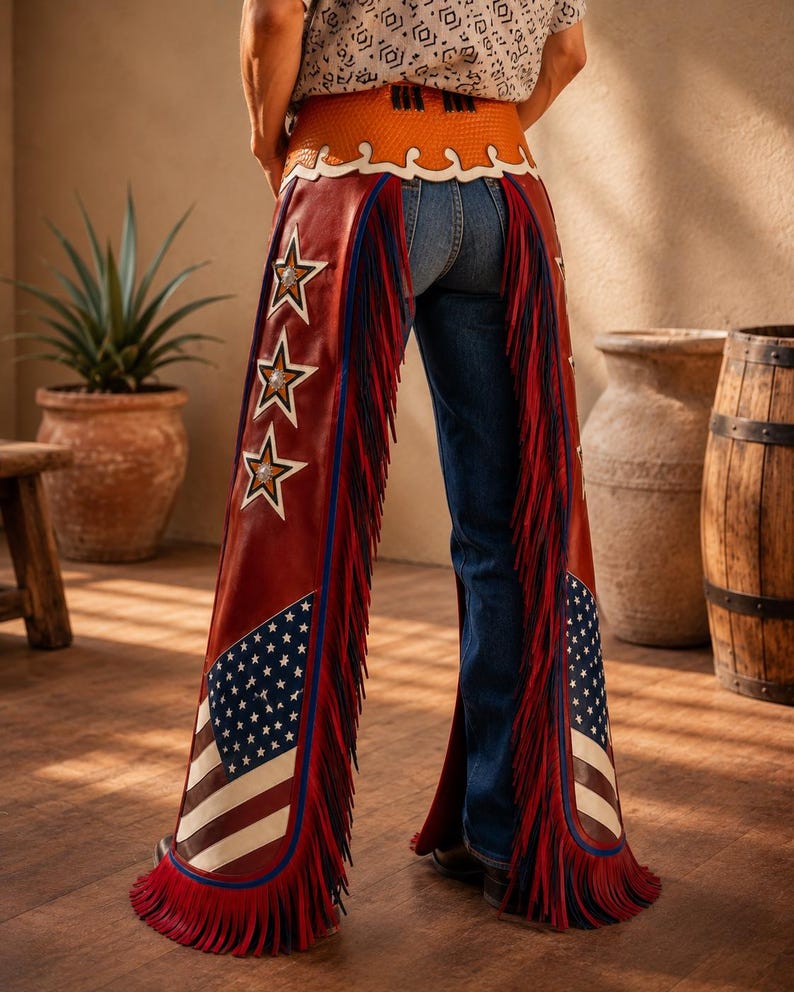 American Flag Leather Chaps | Rodeo Chaps | Western Leather Chaps | Cowboy Chaps | USA Flag Riding Chaps | Fringe Rodeo Gear image 2