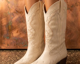 White Embroidered Leather Cowboy Boots – Handmade Western Cowgirl Style