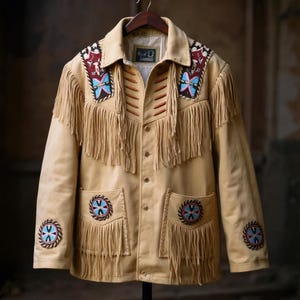 May include: Beige suede jacket with fringe detailing and decorative embroidery. The jacket features a collared neckline, button-up front, and pockets with fringe. The shoulders and pockets are adorned with colorful embroidered patterns. The jacket is hanging on a wooden hanger.